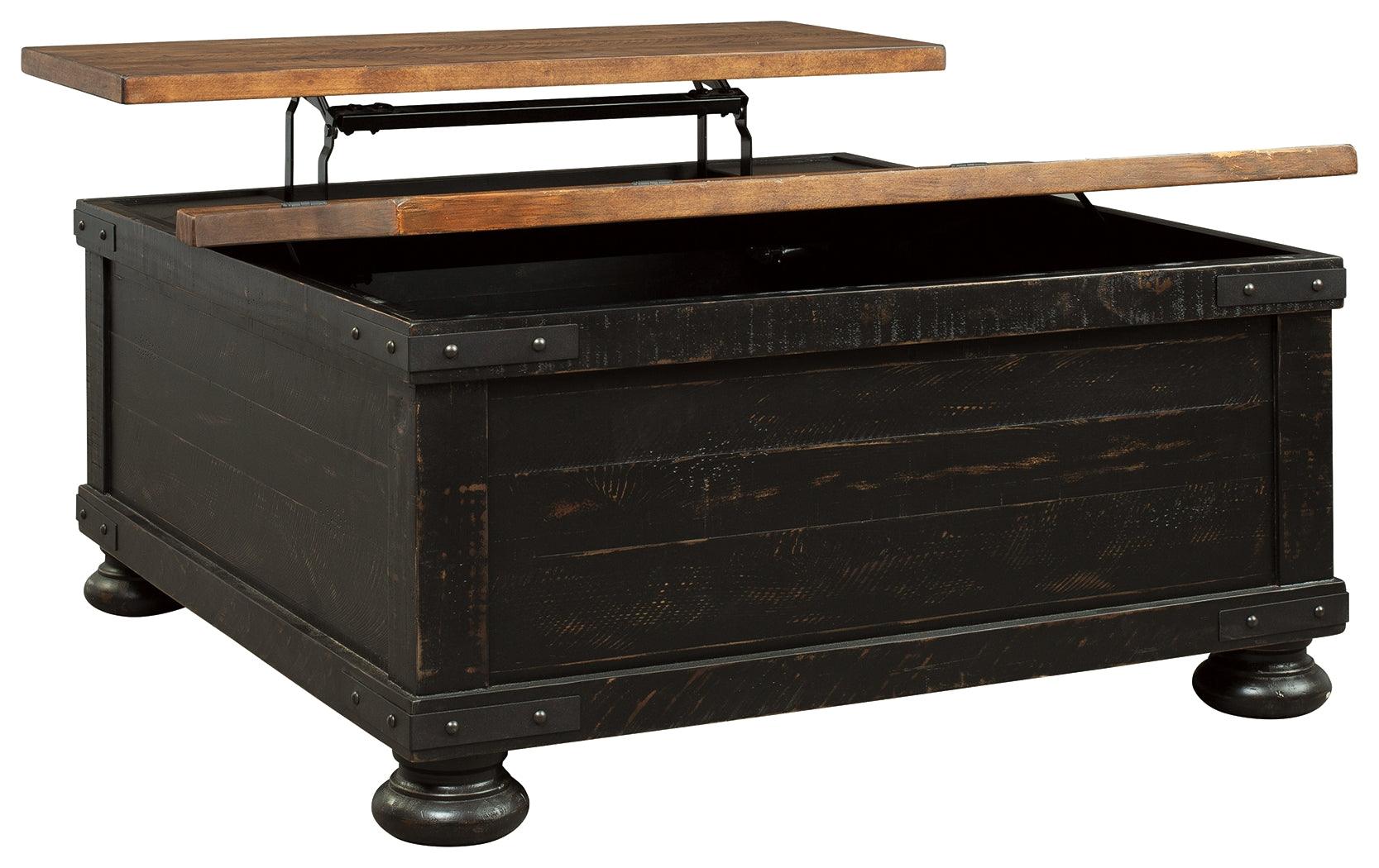 Valebeck coffee table showing lift top open with storage