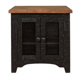 Valebeck end table head-on view showcasing metal grill doors