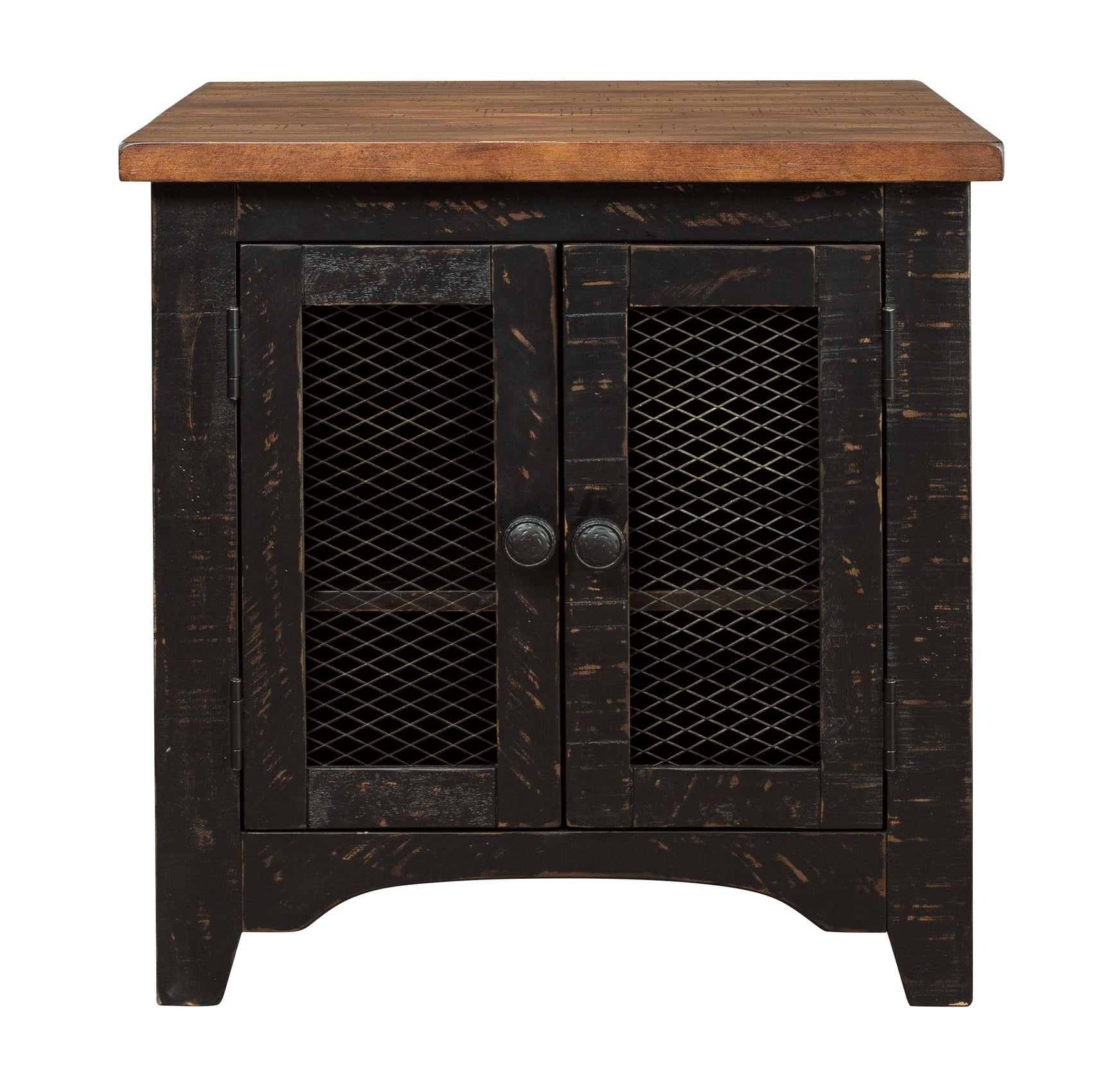 Valebeck end table head-on view showcasing metal grill doors