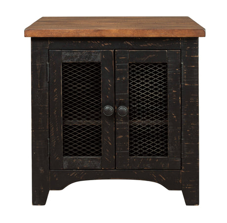 Valebeck end table head-on view showcasing metal grill doors