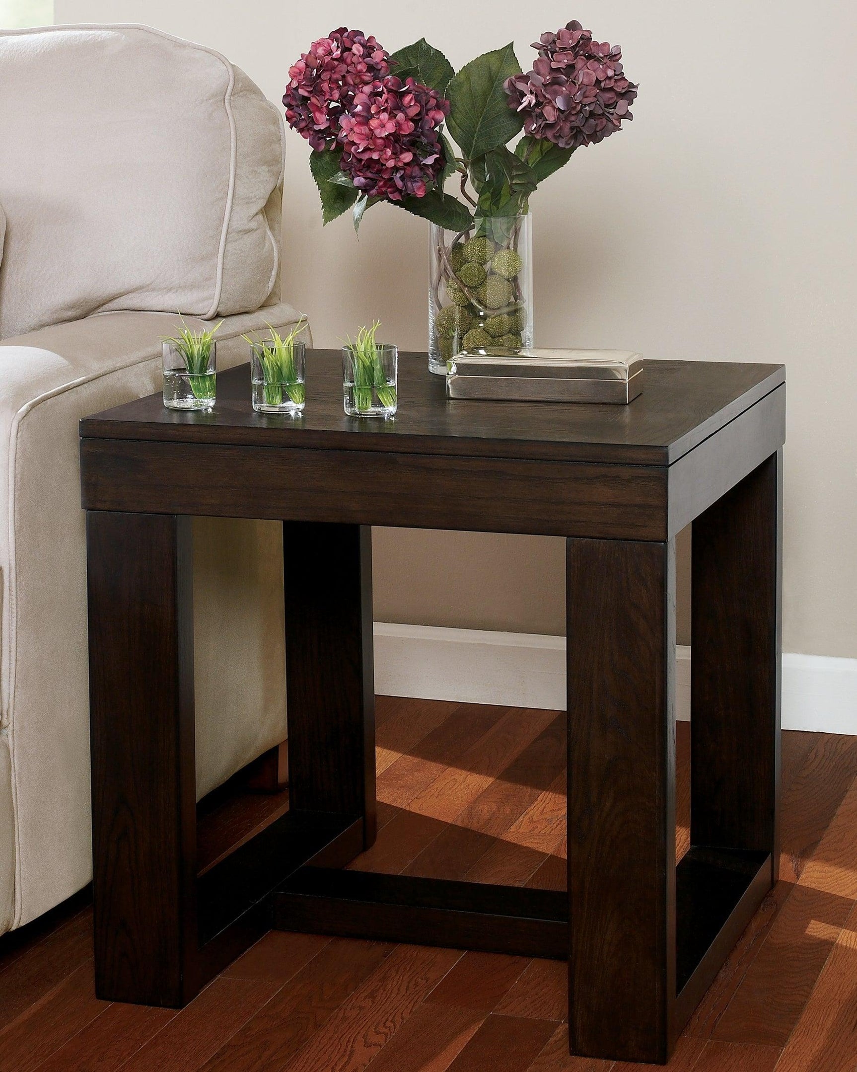 Watson Dark Brown End Table with tapered legs and lower shelf