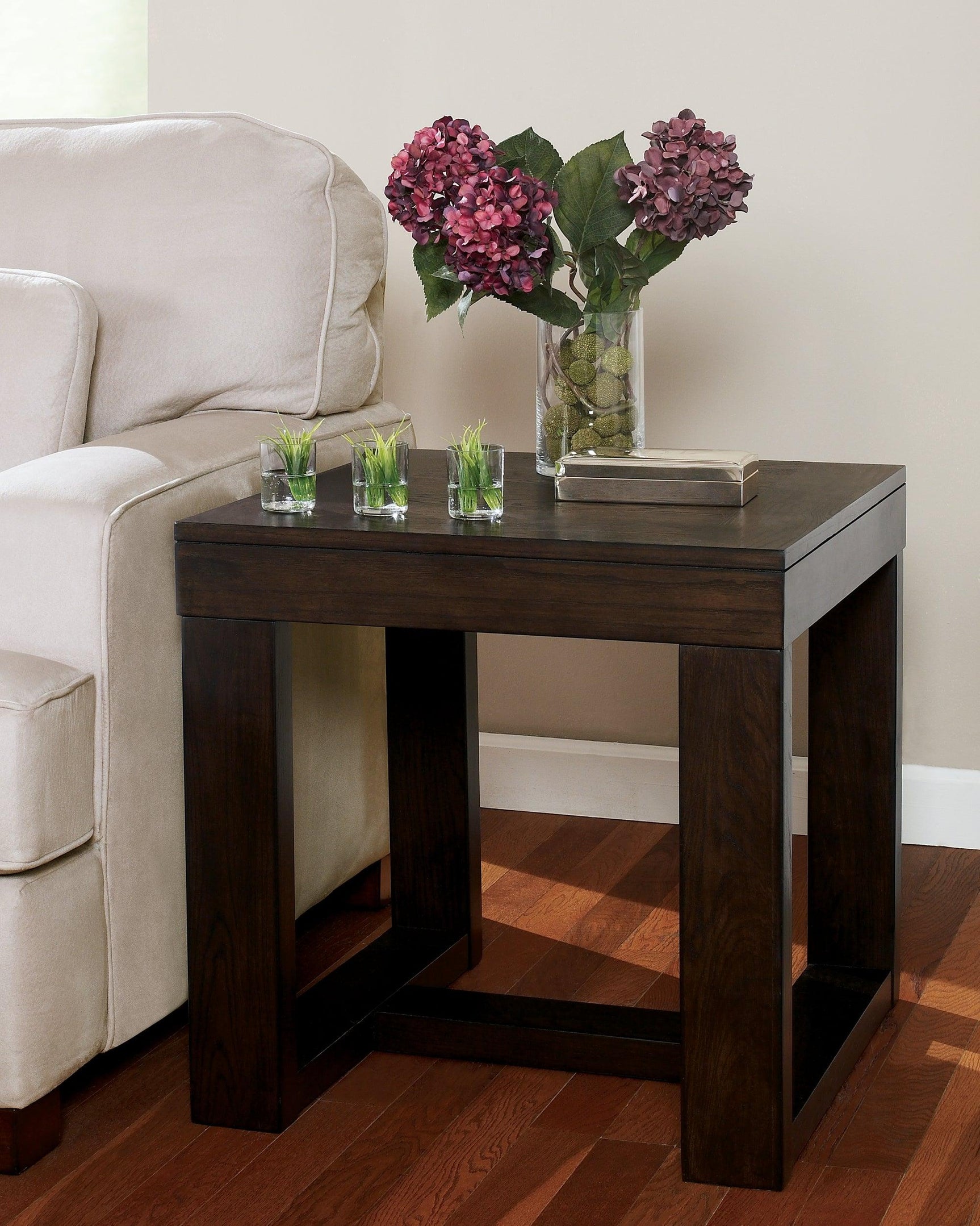 Watson Dark Brown End Table with tapered legs and lower shelf