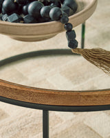 Detail of mango wood finish and glass inset on Noraluna Coffee Table