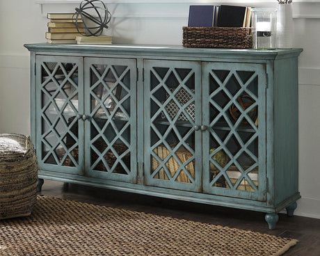 Mirimyn Antique Teal Accent Cabinet front view with glass lattice doors