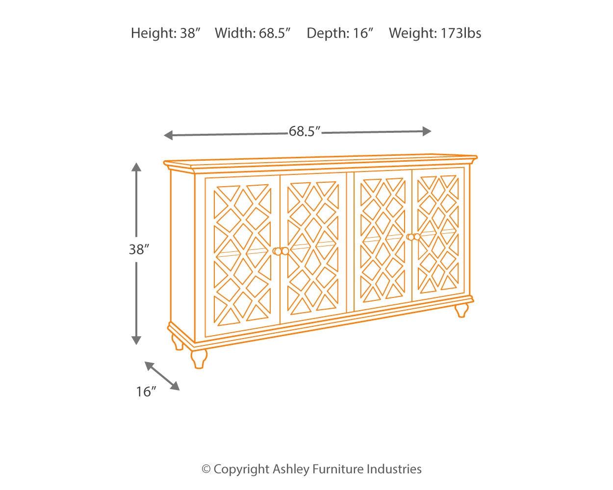 Dimensional drawing of Mirimyn Antique Teal Accent Cabinet
