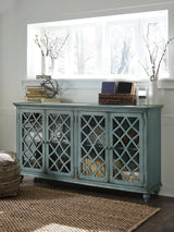 Top view showing cabinet door details and antique teal color