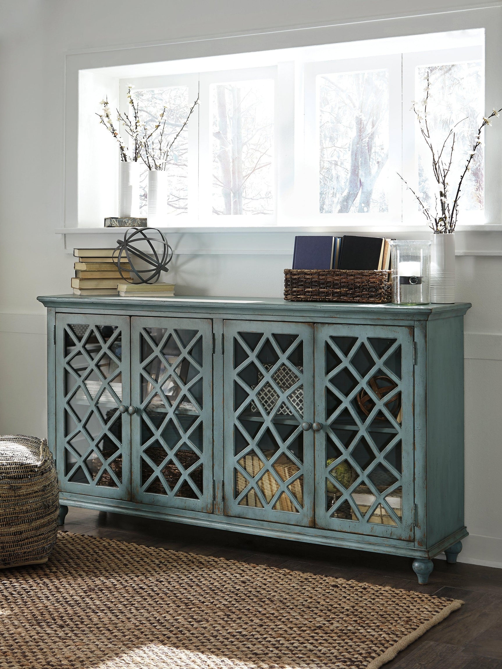 Top view showing cabinet door details and antique teal color