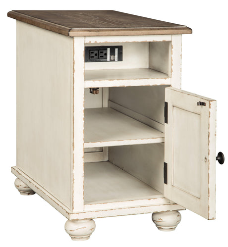Realyn end table cabinet storage with door open