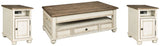 Realyn Coffee Table with Two End Tables in white and brown finish