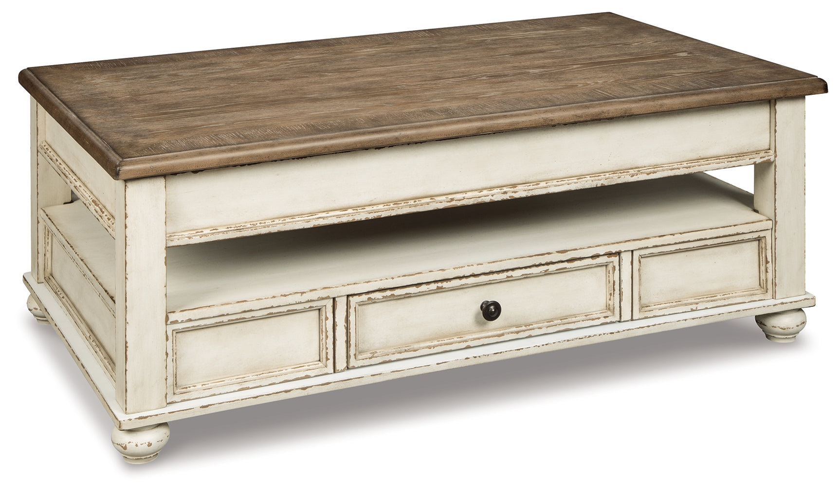 Realyn Coffee Table with Two End Tables in white and brown finish