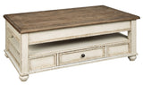 Realyn coffee table with lift top raised, side view