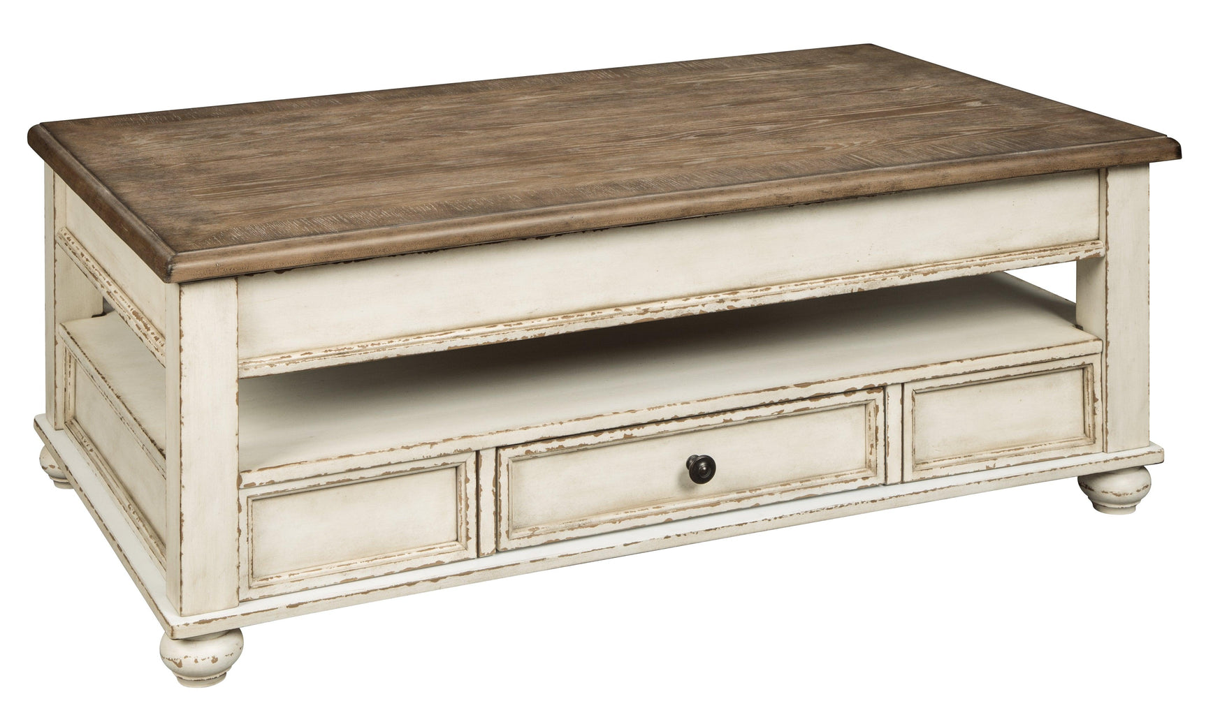 Realyn coffee table with lift top raised, side view