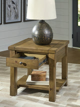 Vandenmore end table drawer open with bottom shelf visible