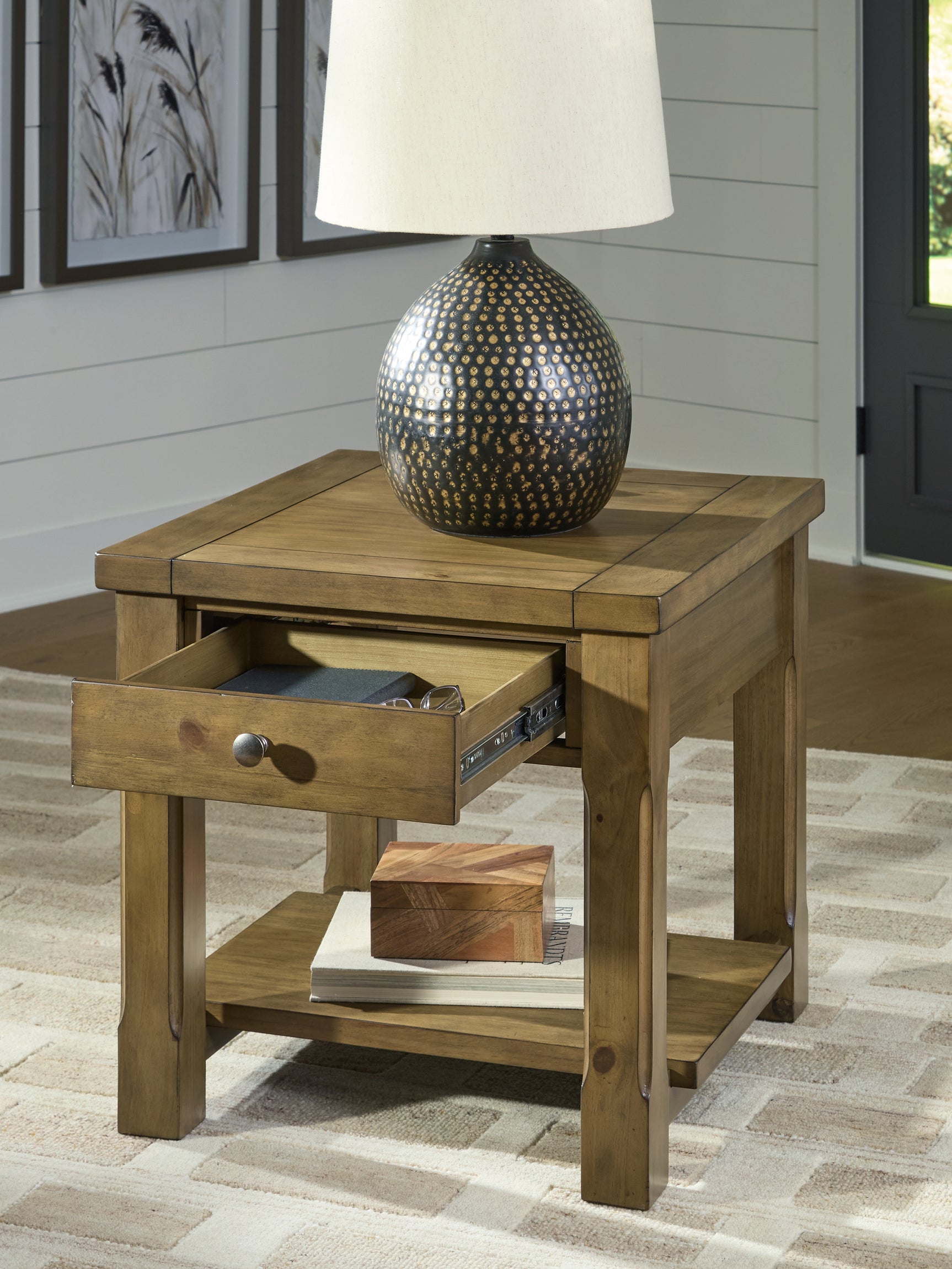 Vandenmore end table drawer open with bottom shelf visible