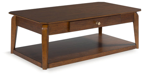 Trenmour coffee table front angle showing drawer and tapered legs