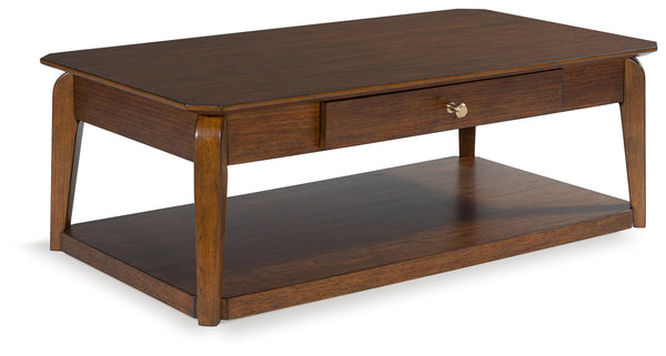 Trenmour coffee table front angle showing drawer and tapered legs