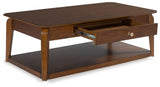 Trenmour coffee table with drawer open and shelf visible