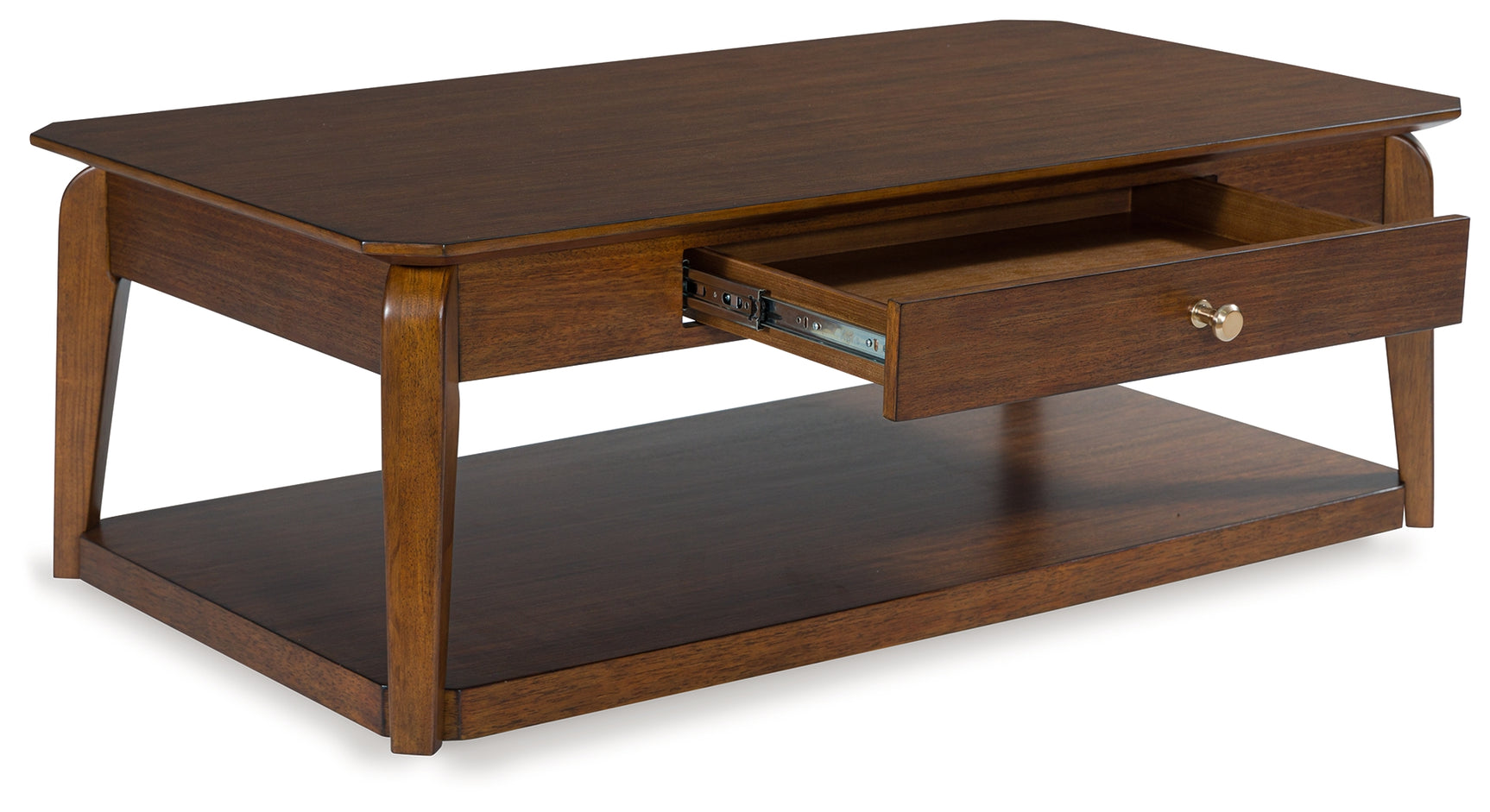 Trenmour coffee table with drawer open and shelf visible