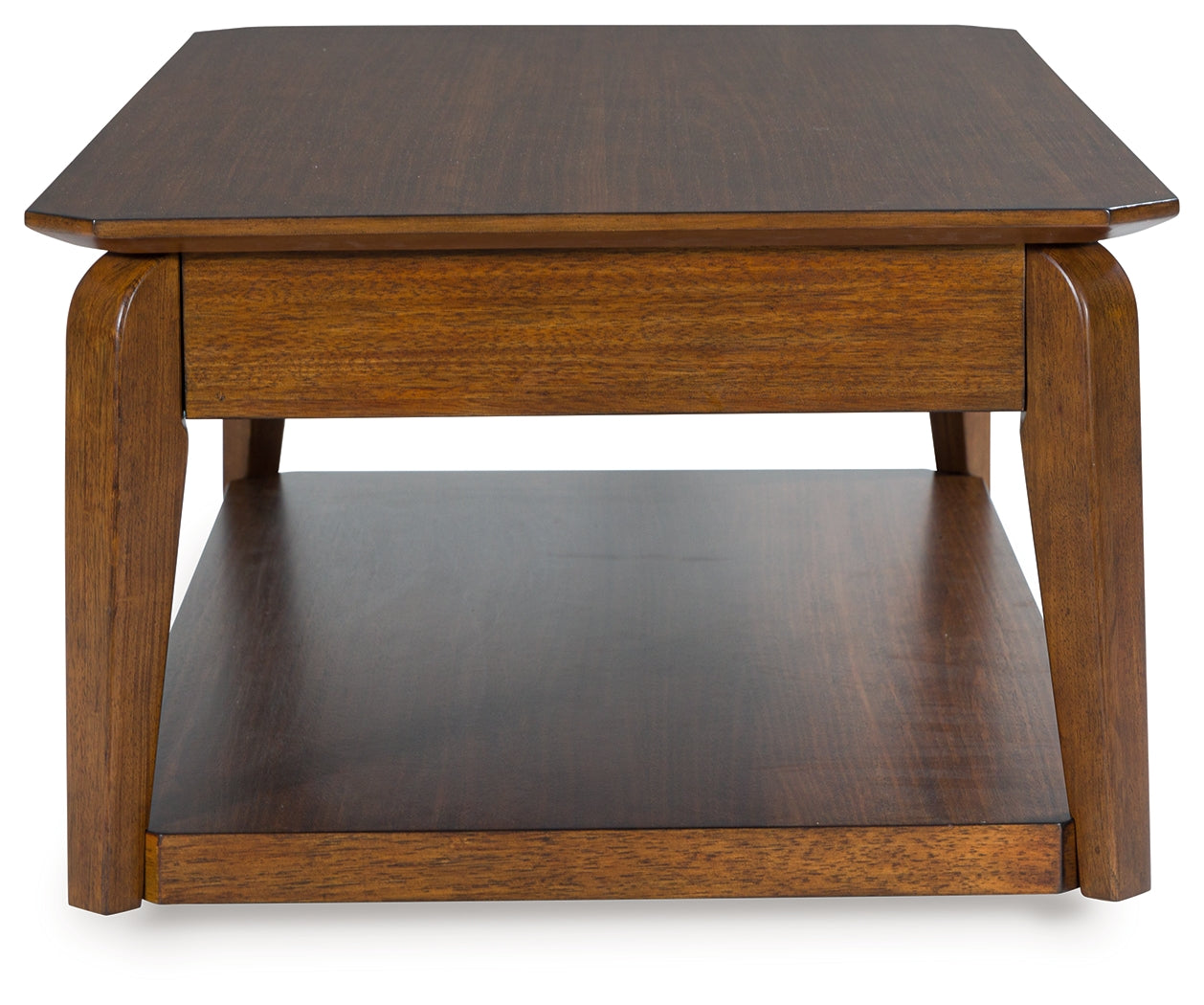 Side view of Trenmour medium brown coffee table