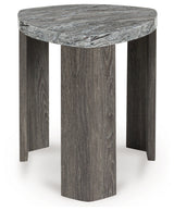 Side view of Surmour end table highlighting weathered gray wood grain legs