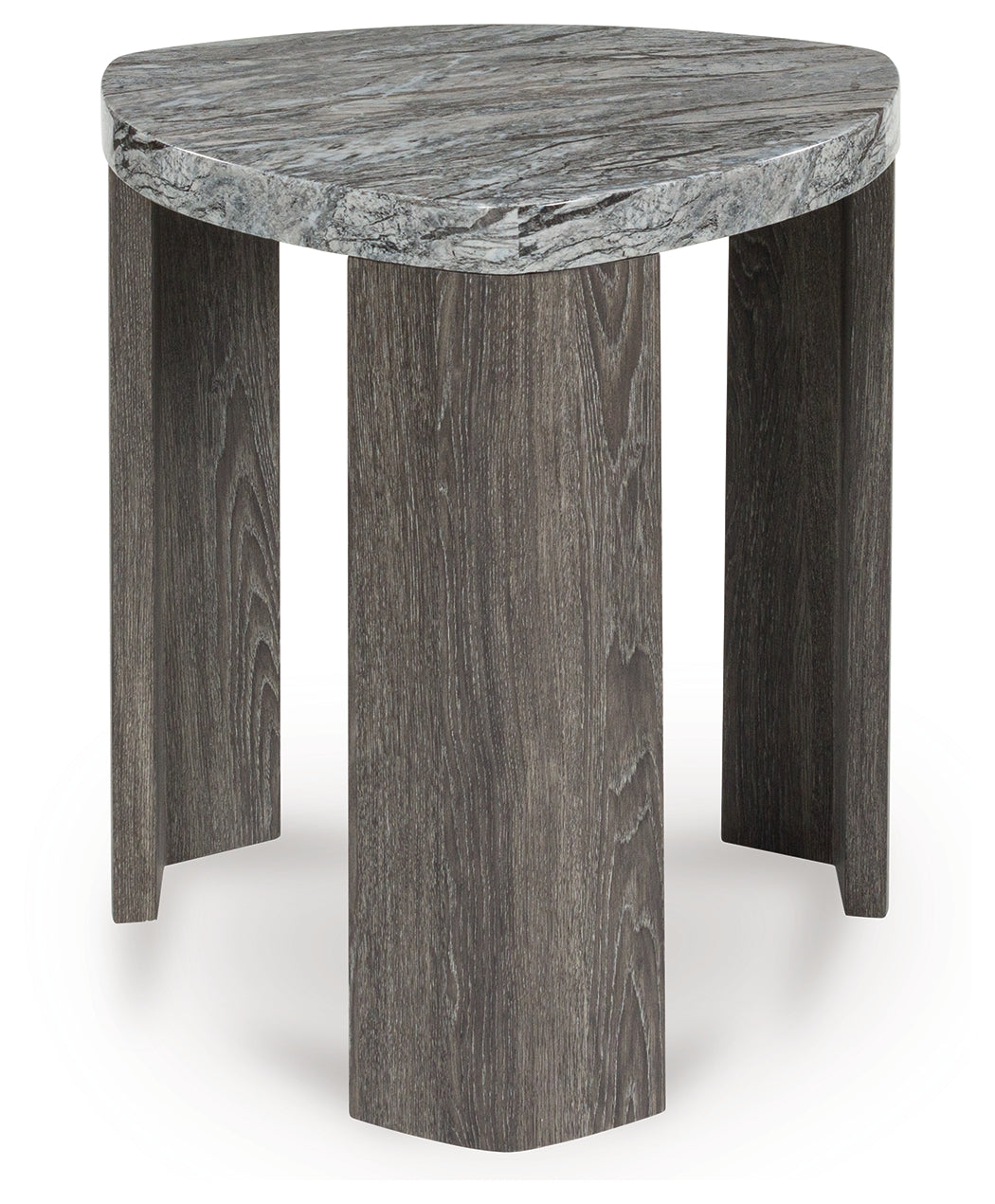 Side view of Surmour end table highlighting weathered gray wood grain legs