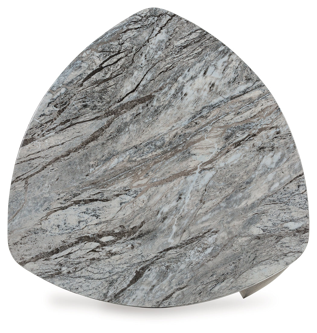 Close-up detail of Surmour end table faux marble tabletop and leg texture