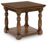 Sturlayne brown rectangular end table angled view showing leg details