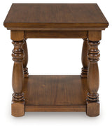 Side view of Sturlayne brown end table highlighting lower shelf