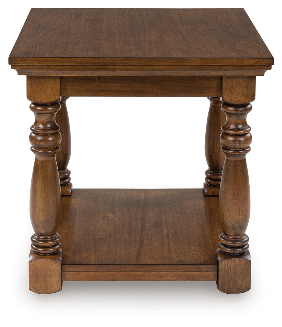 Side view of Sturlayne brown end table highlighting lower shelf