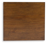 Top view of Sturlayne brown end table surface