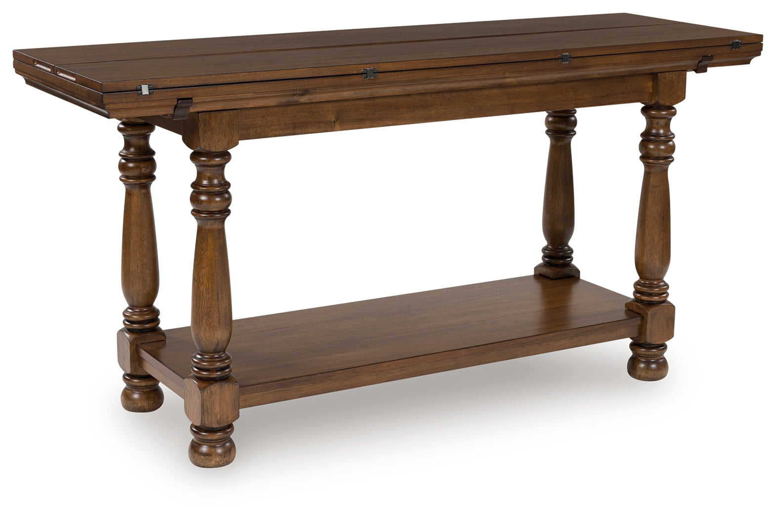 Sturlayne brown flip top sofa table angled closed view