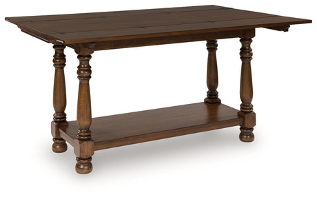 Sturlayne brown flip top sofa table angled open view
