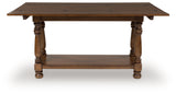 Sturlayne brown flip top sofa table head on open view