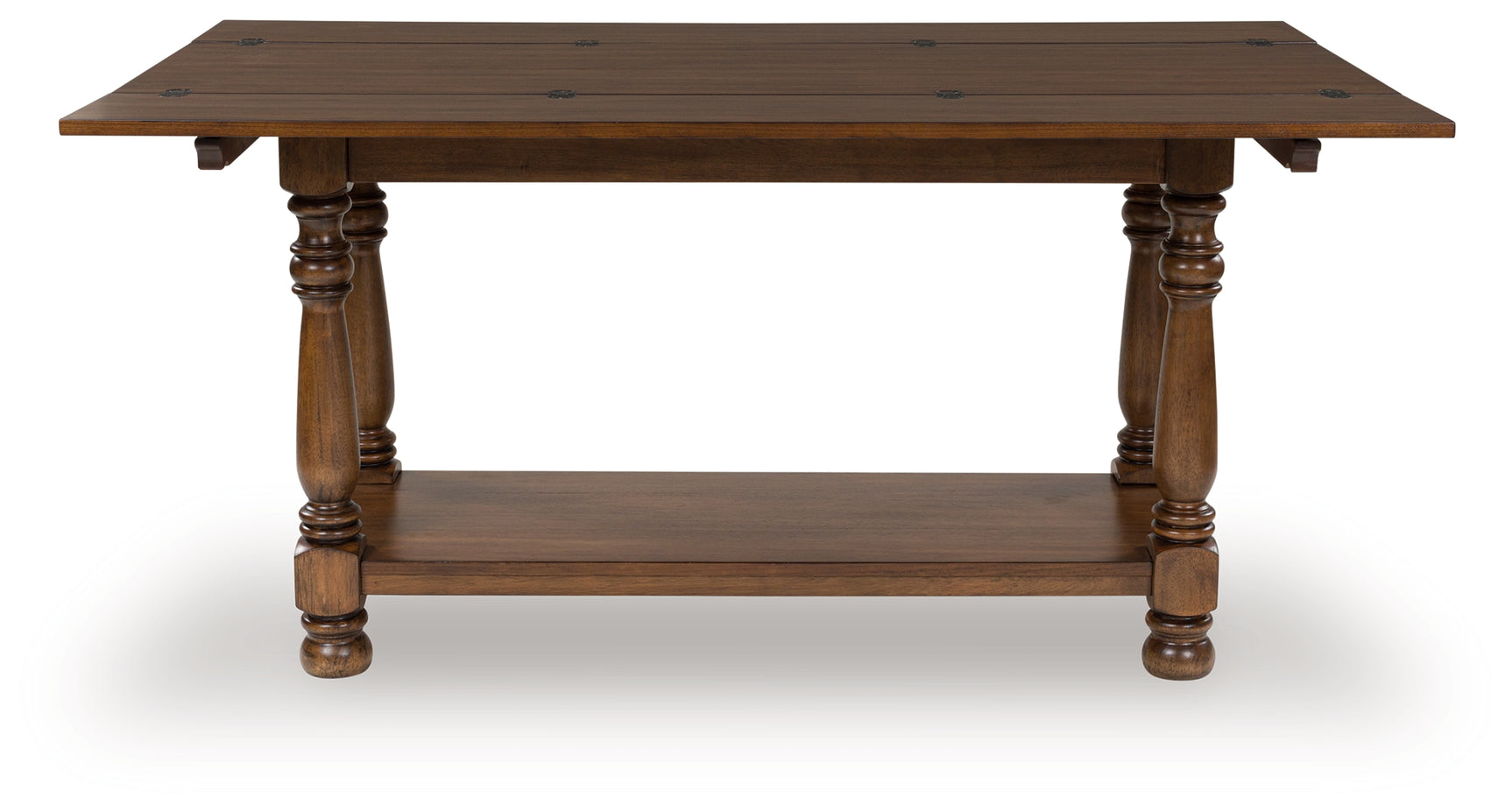 Sturlayne brown flip top sofa table head on open view