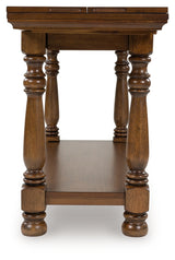 Sturlayne brown flip top sofa table side closed view