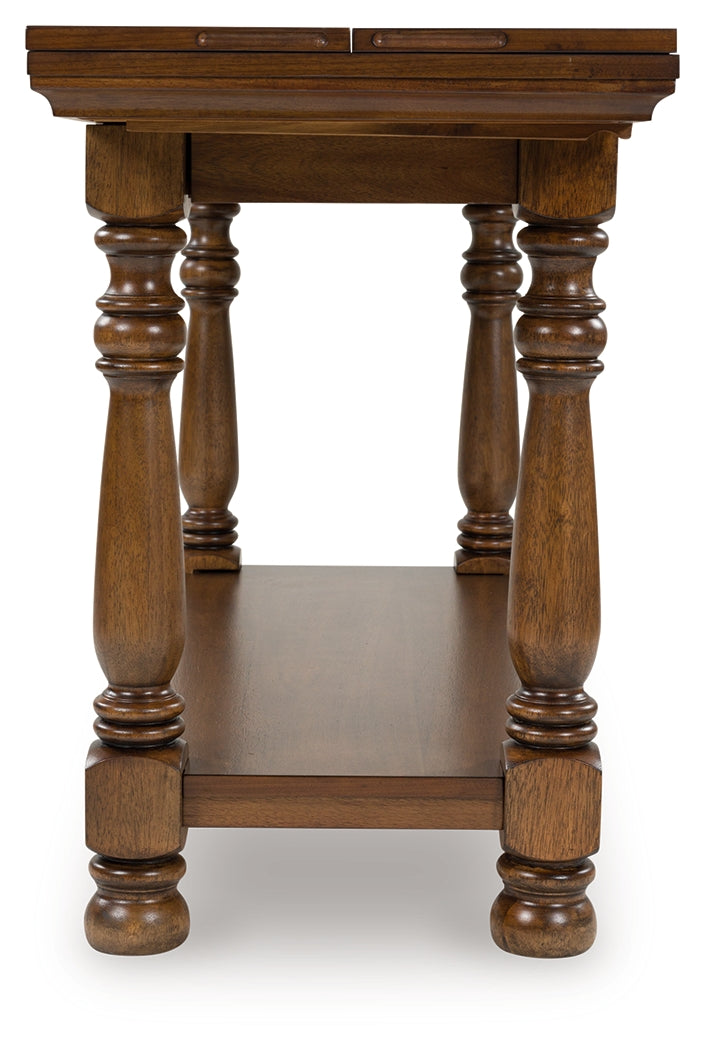 Sturlayne brown flip top sofa table side closed view
