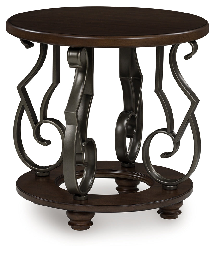 Frallyn dark brown round end table angled side view showing metal legs