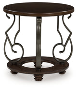 Frallyn dark brown round end table head-on front view