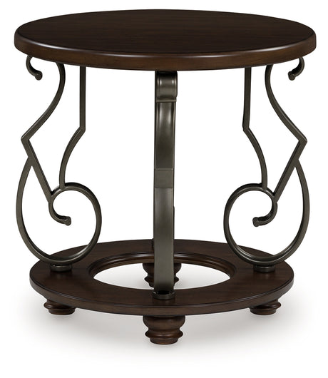 Frallyn dark brown round end table head-on front view