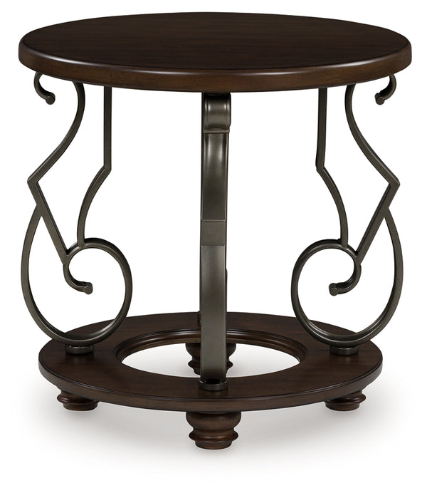 Frallyn dark brown round end table head-on front view