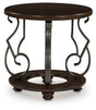 Frallyn dark brown round end table head-on front view