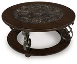Frallyn coffee table alternate angle displaying ornate metal legs