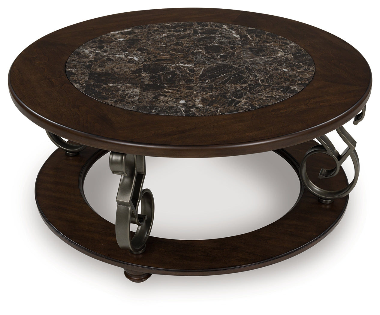 Frallyn coffee table alternate angle displaying ornate metal legs