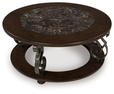 Frallyn coffee table alternate angle displaying ornate metal legs