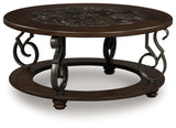 Frallyn coffee table side angle highlighting dark brown finish and metal legs