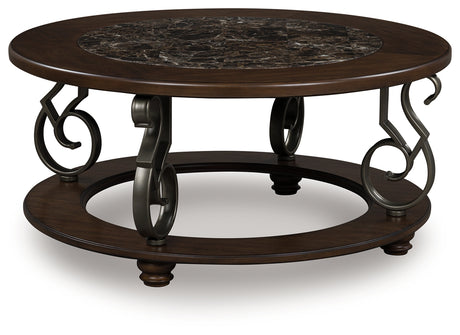 Frallyn coffee table side angle highlighting dark brown finish and metal legs