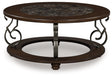 Frallyn coffee table front view showing round faux marble top