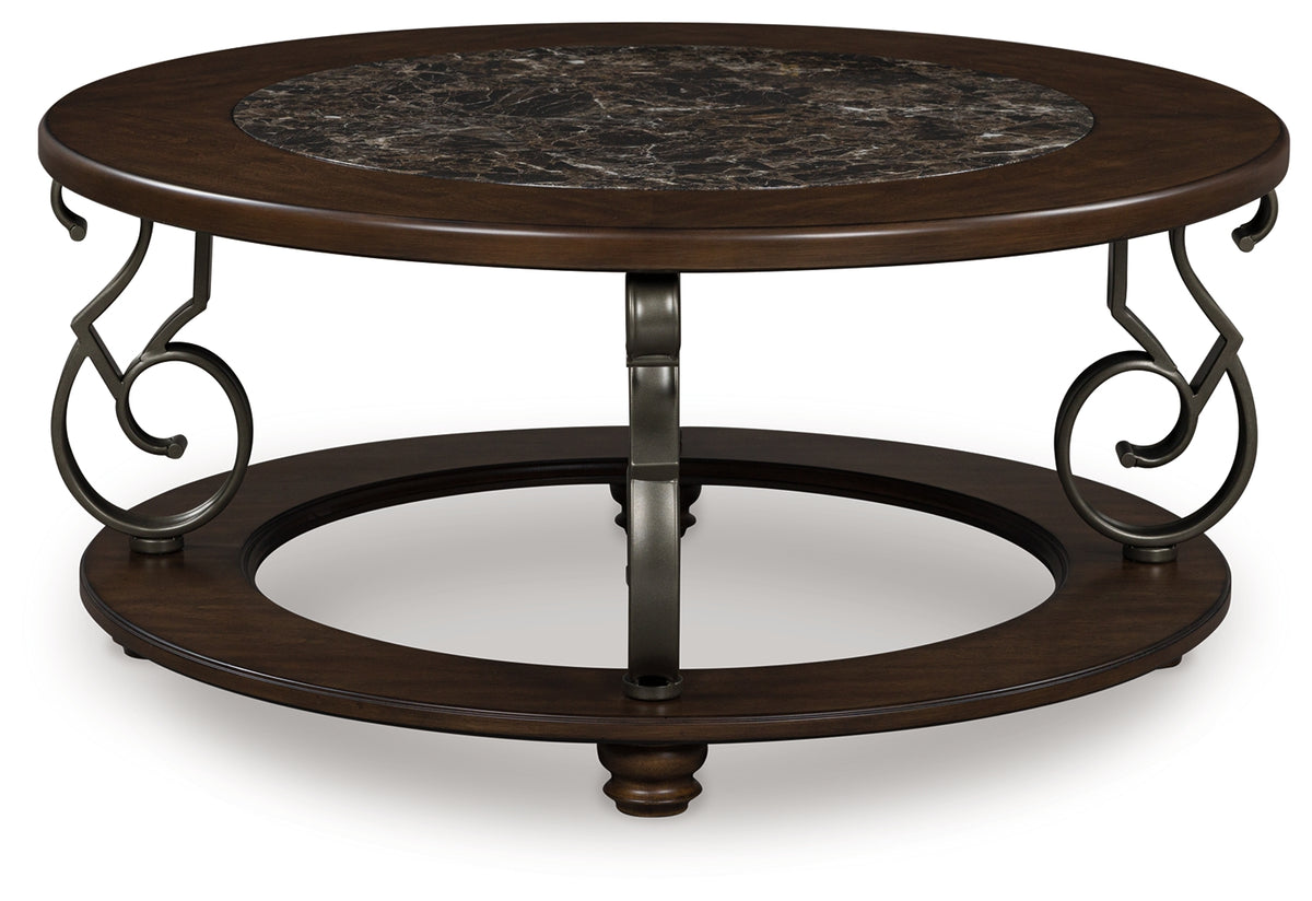 Frallyn coffee table front view showing round faux marble top