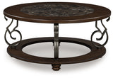 Frallyn coffee table front view showing round faux marble top