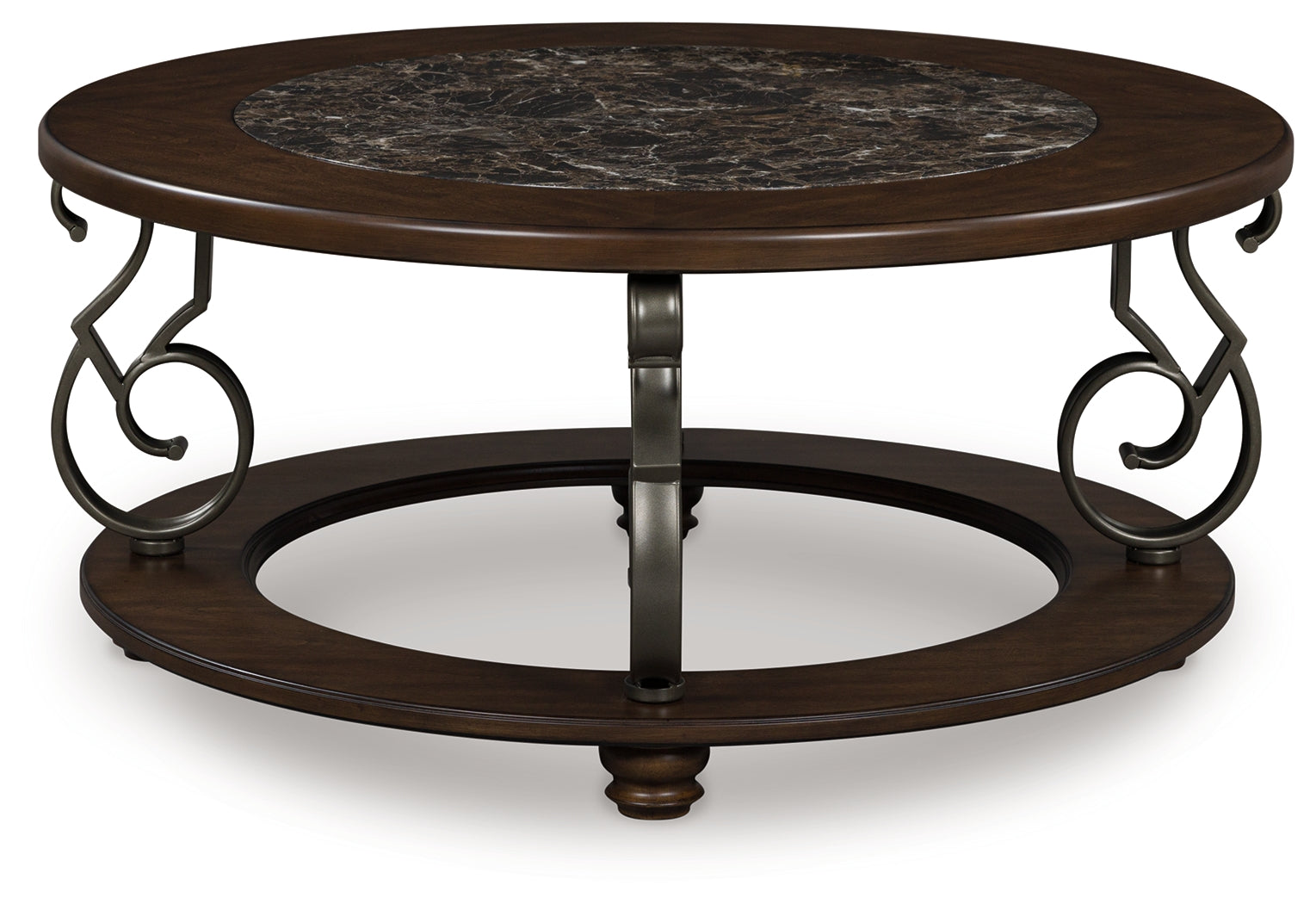 Frallyn coffee table front view showing round faux marble top